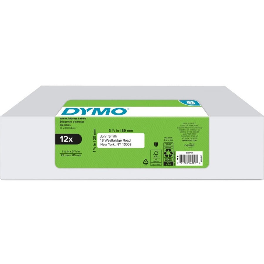 Dymo 2050768 Address Label - 1 1/8" Height x 3 1/2" Width - Roll - Rectangle - Direct Thermal - White - 350 / Roll - 420