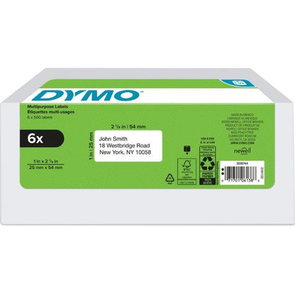 Dymo Multipurpose Labels - 1" Height x 2 1/8" Width - Roll - Rectangle - Direct Thermal - White - 500 / Roll - 3000 Tota