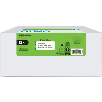 Dymo Multipurpose Labels - 1" Height x 2 1/8" Width - Roll - Rectangle - Direct Thermal - White - 500 / Roll - 6000 Tota