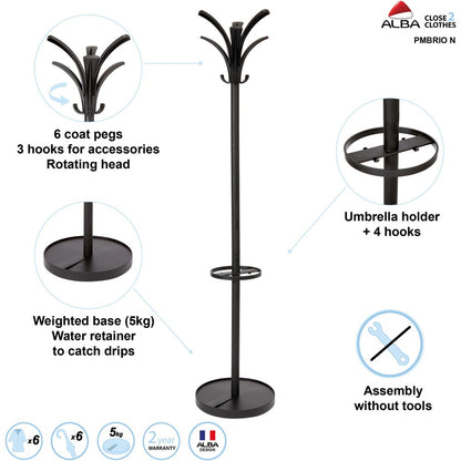Alba Coat Stand - 66.9" Height x 13.8" Width x 13.8" Length - for Coat - Black - 1 Each