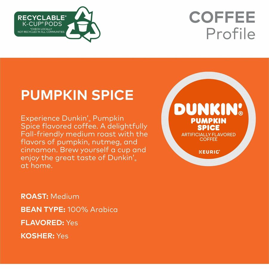 Dunkin'® K-Cup Pumpkin Spice Coffee - Compatible with Keurig Brewer - Medium - K-Cup - 22 / Box