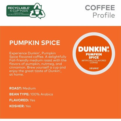 Dunkin'® K-Cup Pumpkin Spice Coffee - Compatible with Keurig Brewer - Medium - K-Cup - 22 / Box