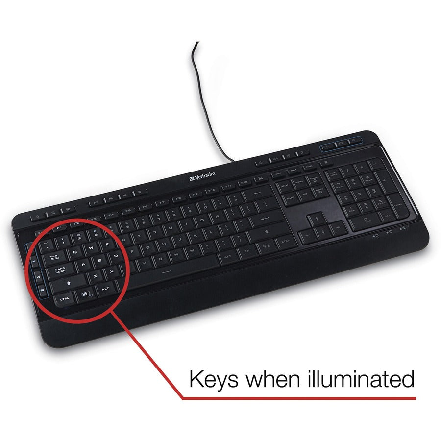 Verbatim Illuminated Wired Keyboard - Cable Connectivity - USB Type A Interface - Media Player Hot Key(s) - Windows, Mac