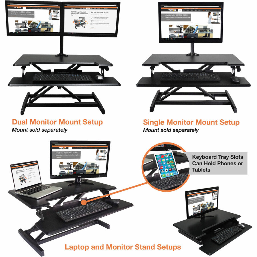 Victor High Rise Height Adjustable Compact Standing Desk with Keyboard Tray - 19" Height x 32.50" Width x 18" Depth - De
