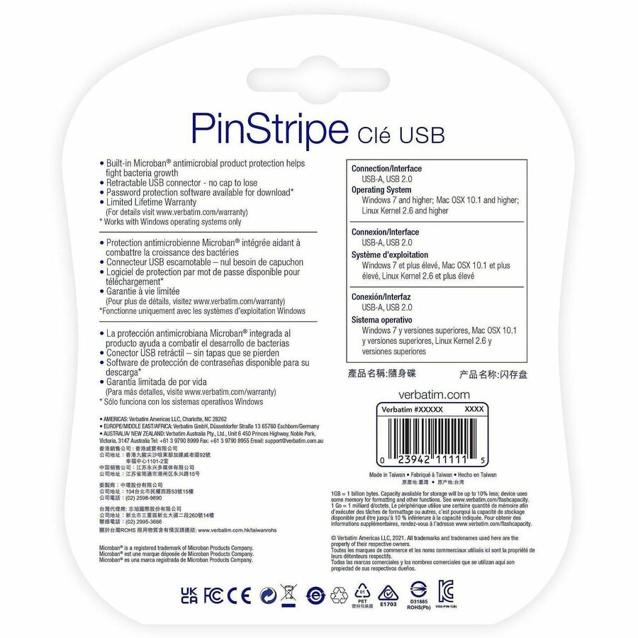 Verbatim 32GB PinStripe USB 2.0 Flash Drive - 5 PK - 32 GB - USB 2.0 Type A - Blue, Green, Red, Purple, Teal - Lifetime 