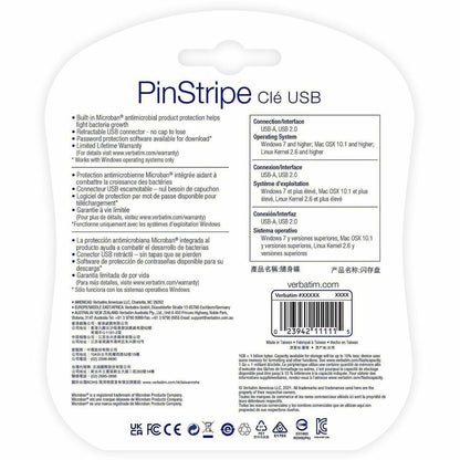 Verbatim 32GB PinStripe USB 2.0 Flash Drive - 5 PK - 32 GB - USB 2.0 Type A - Blue, Green, Red, Purple, Teal - Lifetime 