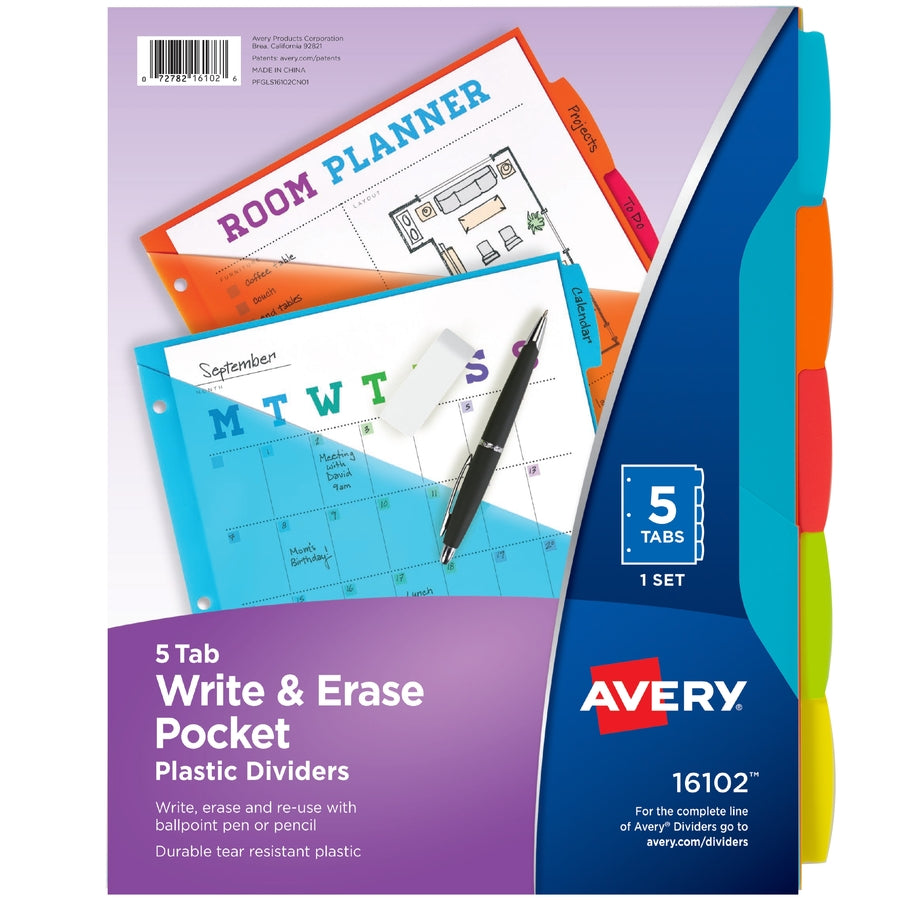 Avery Write & Erase Durable Plastic Dividers with Pocket - 5 x Divider(s) - 5 Write-on Tab(s) - 5 Tab(s)/Set - 1 Set