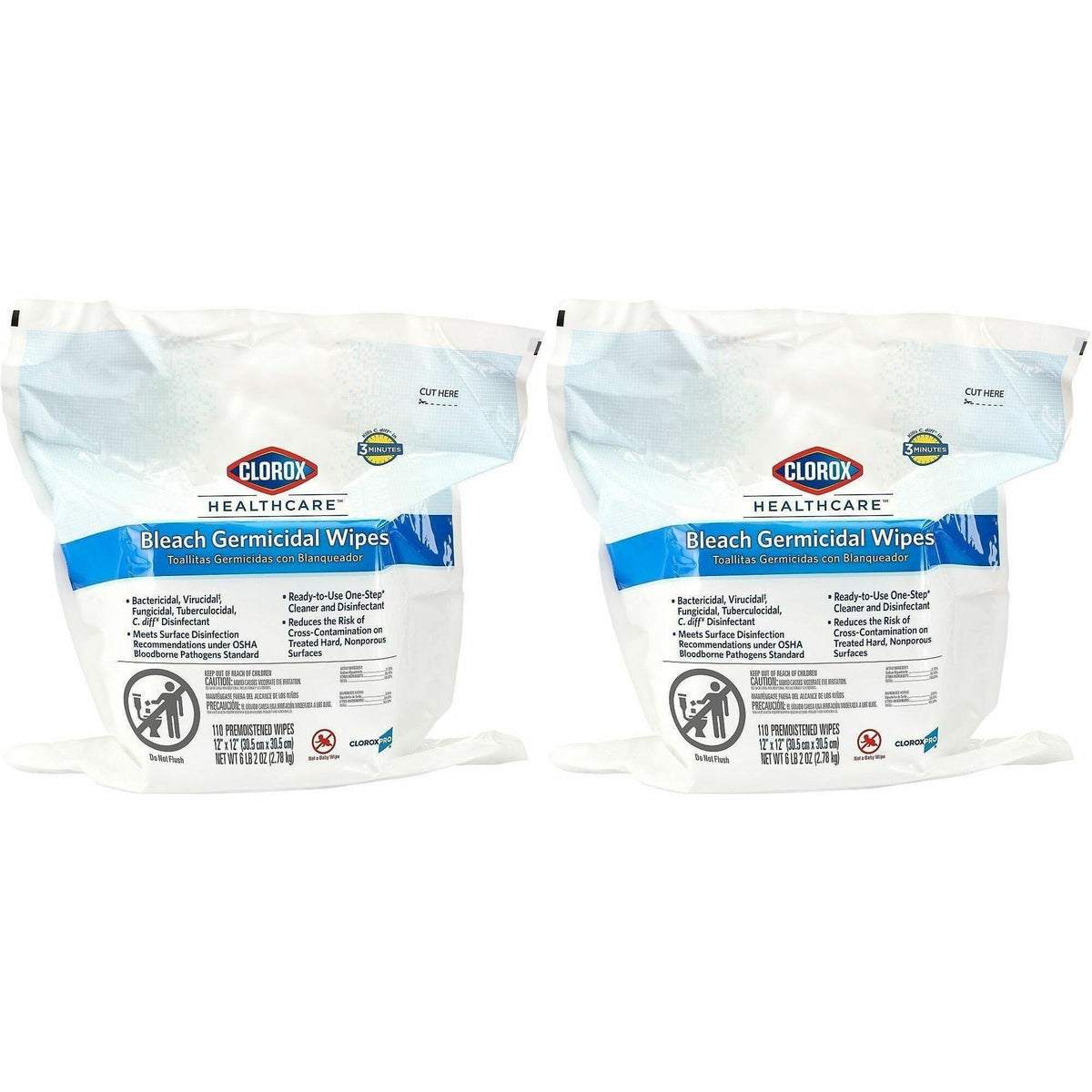 Clorox Healthcare Bleach Germicidal Wipes Bucket Refill - Ready-To-Use - 12" Length x 12" Width - Anti-corrosive - White