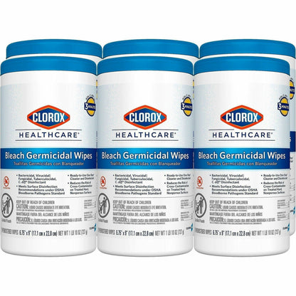 Clorox Healthcare Bleach Germicidal Wipes - Ready-To-Use - 9" Length x 6.75" Width - Anti-corrosive, Antibacterial - Whi