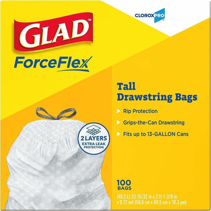 Glad ForceFlex Tall Kitchen Drawstring Trash Bags - 13 gal Capacity - 27" Length x 24" Width x 0.72 mil (18 Micron) Thic