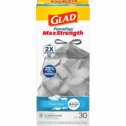 Glad ForceFlex MaxStrength X-Large Kitchen Drawstring Trash Bags - Fresh Clean with Febreze Freshness - Large Size - 20 