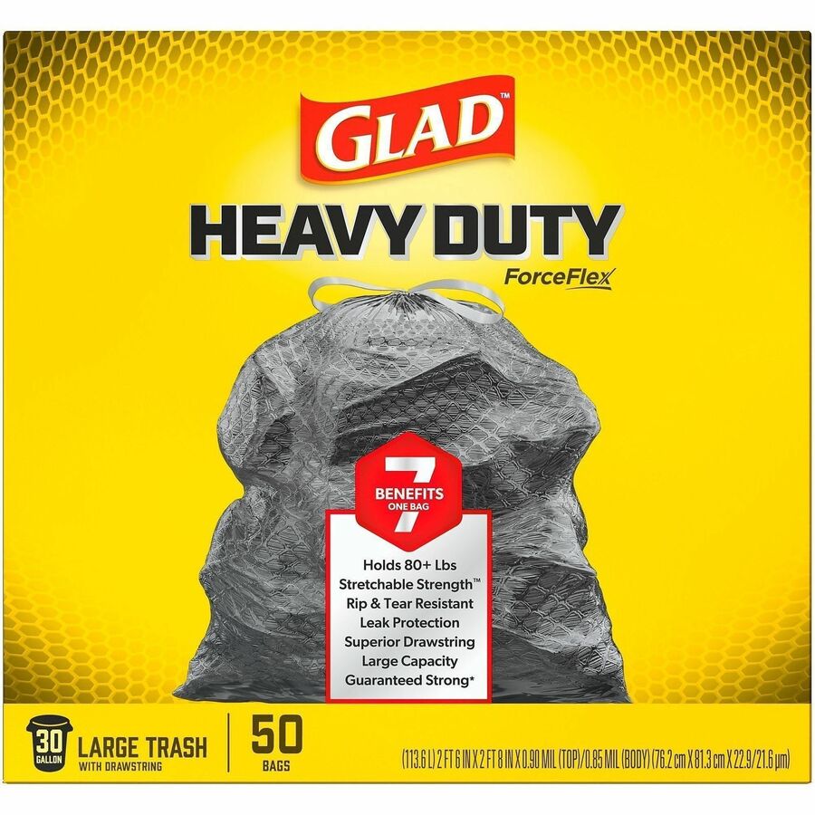 Glad ForceFlex Heavy-Duty Large Drawstring Trash Bags - Large Size - 30 gal Capacity - 32.01" Length x 30" Width x 0.90 