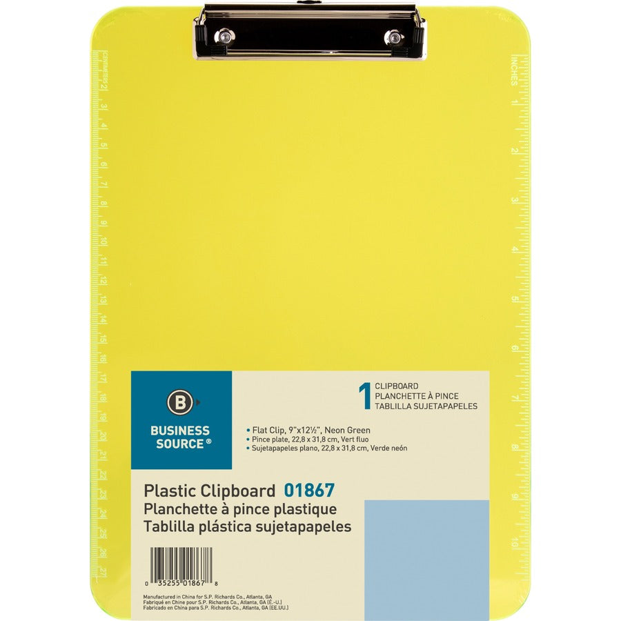 Business Source Flat Clip Clipboard - 9" x 12" Sheet Size - Plastic - Neon Green - 6 / Bundle