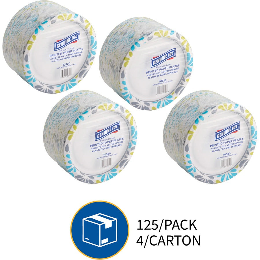 Genuine Joe 9" Printed Paper Plates - Disposable - 9" Diameter - Assorted - 125/Pack - 4 / Carton