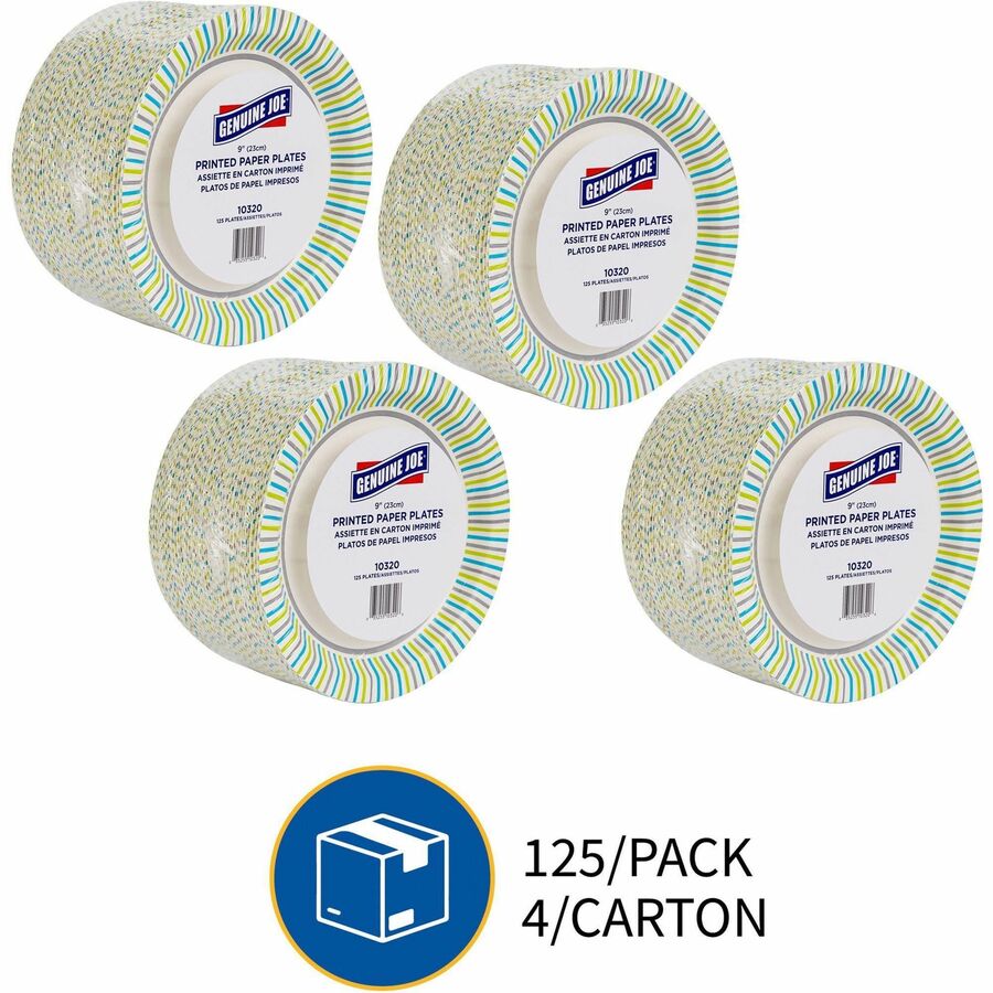Genuine Joe 9" Printed Paper Plates - Disposable - 9" Diameter - Assorted - 125/Pack - 4 / Carton