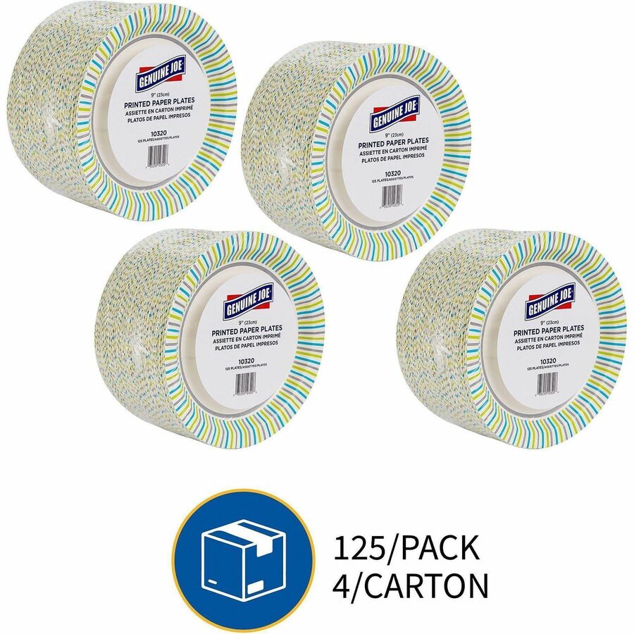 Genuine Joe 9" Printed Paper Plates - Disposable - 9" Diameter - Assorted - 125/Pack - 4 / Carton
