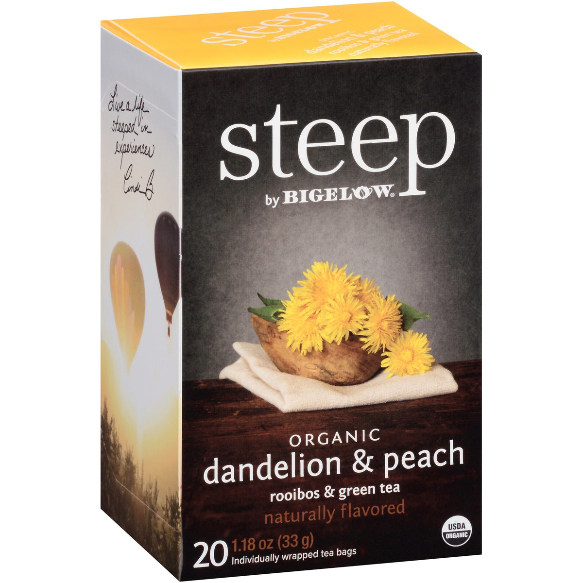 Steep by Bigelow® Organic Dandelion & Peach Rooibos & Green Tea Herbal Tea, Green Tea Bag - 1.2 oz - 20 Teabag - Caffein