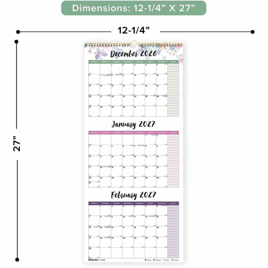 Blueline 3-Month Colorful Wall Calendar - Professional - Julian Dates - Monthly - 14 Month - December 2026 to January 20
