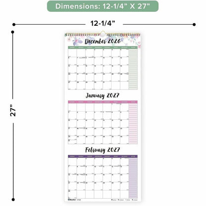 Blueline 3-Month Colorful Wall Calendar - Professional - Julian Dates - Monthly - 14 Month - December 2026 to January 20