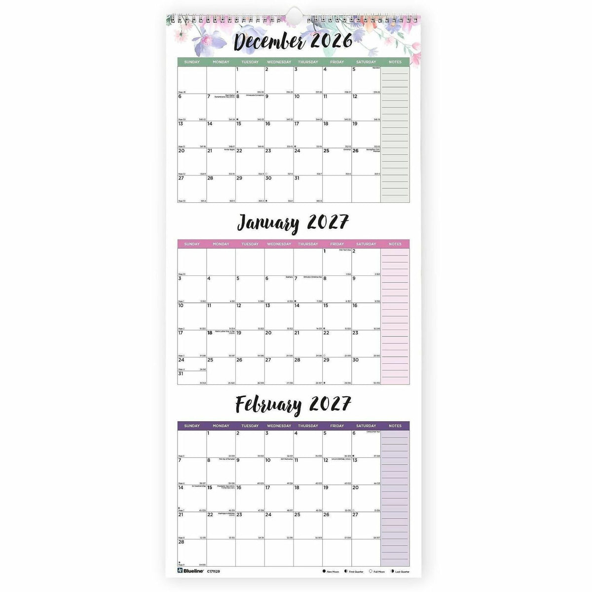 Blueline 3-Month Colorful Wall Calendar - Professional - Julian Dates - Monthly - 14 Month - December 2026 to January 20