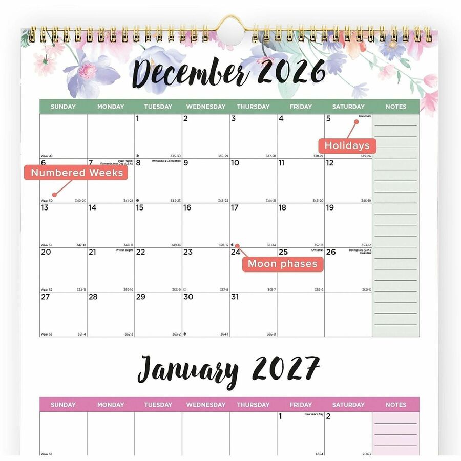 Blueline 3-Month Colorful Wall Calendar - Professional - Julian Dates - Monthly - 14 Month - December 2026 to January 20
