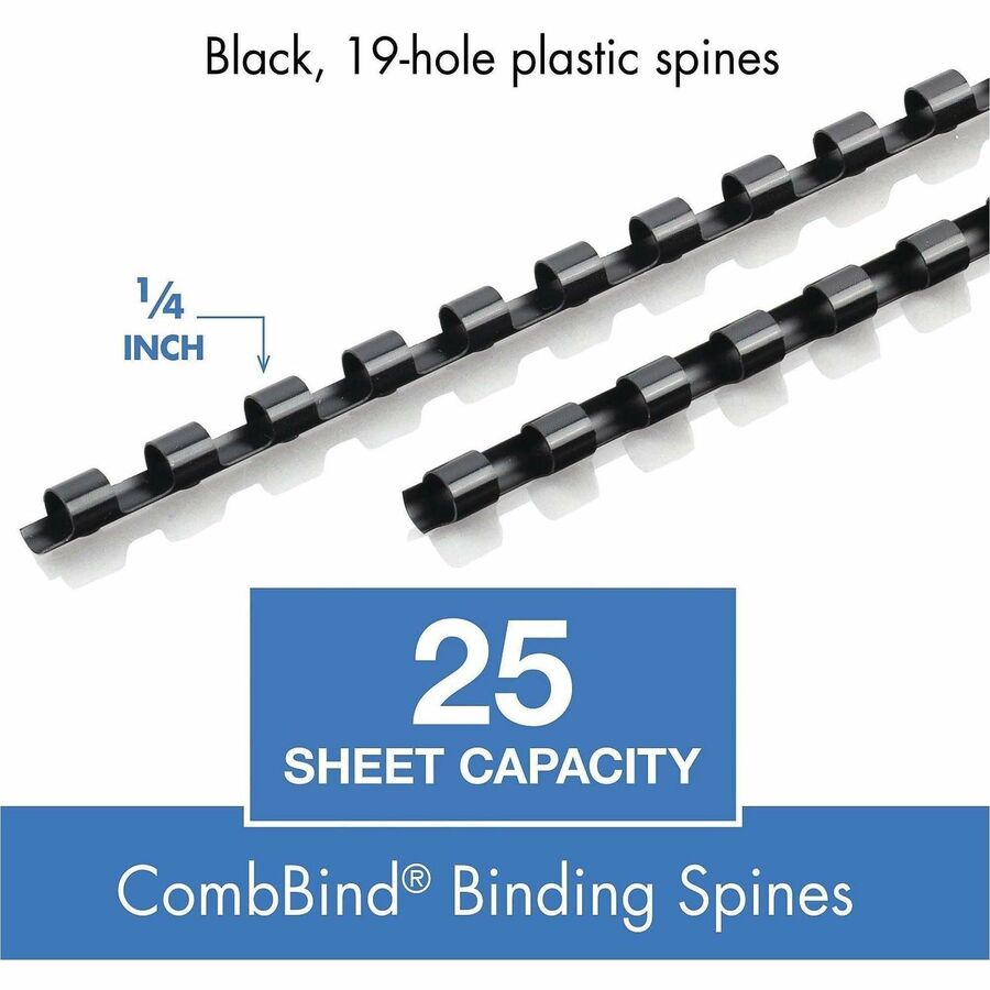 Mead CombBind Binding Spines - 0.25" Maximum Capacity - 25 x Sheet Capacity - For Letter 8 1/2" x 11" Sheet - Black - Pl