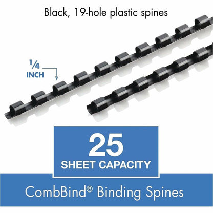Mead CombBind Binding Spines - 0.25" Maximum Capacity - 25 x Sheet Capacity - For Letter 8 1/2" x 11" Sheet - Black - Pl