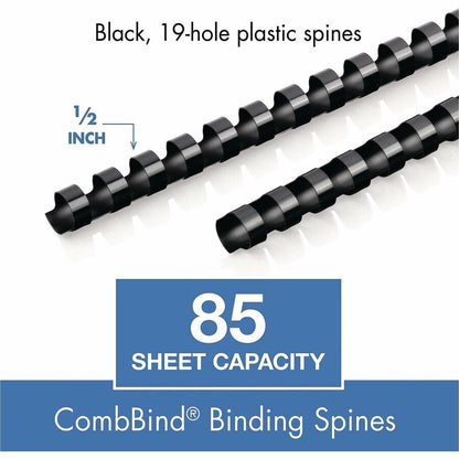 Mead CombBind Binding Spines - 0.50" Maximum Capacity - 85 x Sheet Capacity - For Letter 8 1/2" x 11" Sheet - Black - Pl
