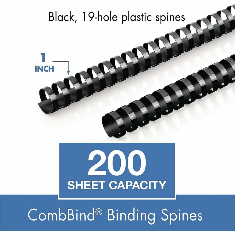 Mead CombBind Binding Spines - 1" Maximum Capacity - 200 x Sheet Capacity - For Letter 8 1/2" x 11" Sheet - Black - Plas