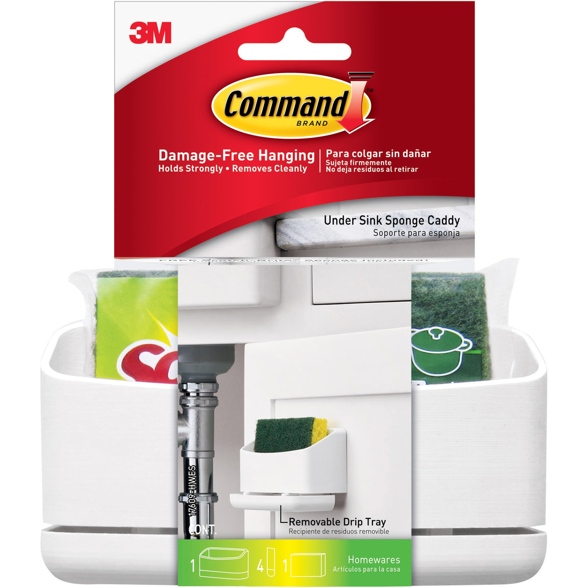 Command Under Sink Sponge Caddy - 9.38" Height x 12" Width x 7.75" Depth - Dishwasher Safe, Adhesive - White - 12 / Cart