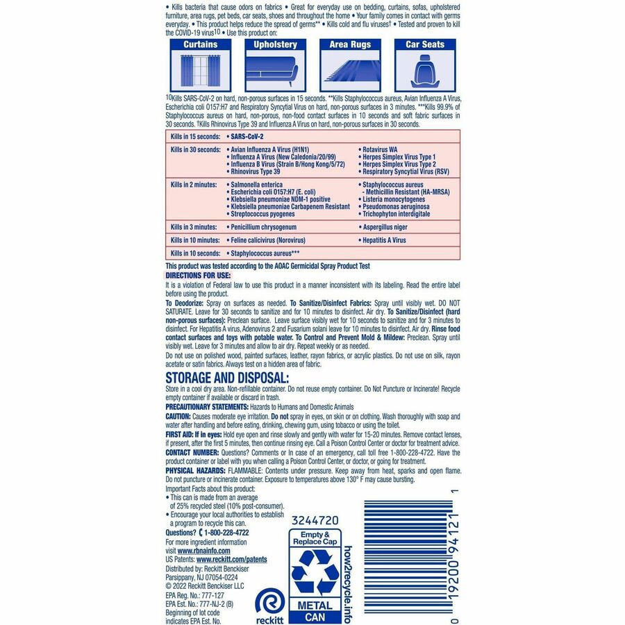 Lysol Fabric Disinfectant Spray - 15 fl oz (0.5 quart) - Lavender Fields Scent - Soft, Deodorize - Clear - 12 / Carton