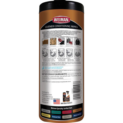 Weiman Products Leather Wipes - For Multipurpose - 8" Length x 7" Width - Pre-moistened, UV Protection - White - 30/Tub 
