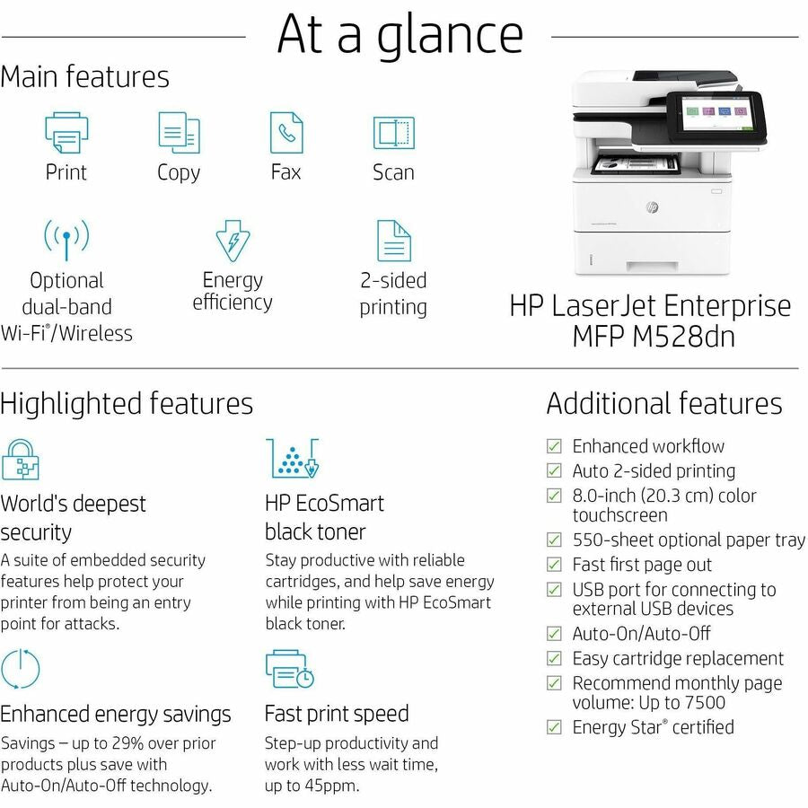 HP LaserJet M528dn Laser Multifunction Printer - Monochrome - Copier/Printer/Scanner - 43 ppm Mono Print - 1200 x 1200 d