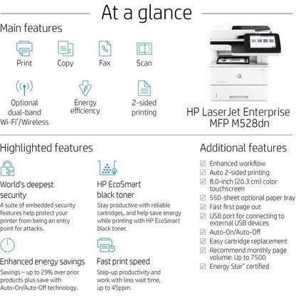 HP LaserJet M528dn Laser Multifunction Printer - Monochrome - Copier/Printer/Scanner - 43 ppm Mono Print - 1200 x 1200 d