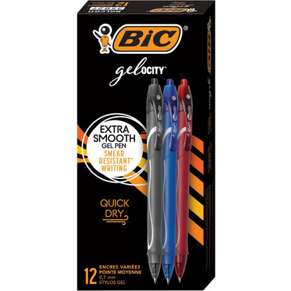 BIC Gel-ocity Gel Pen - 0.7 mm Medium Pen Point - Retractable - Assorted Ink - Gel-based - 12 / Dozen