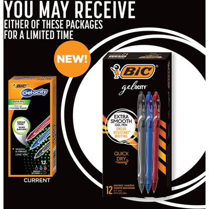 BIC Gel-ocity Gel Pen - 0.7 mm Medium Pen Point - Retractable - Assorted Ink - Gel-based - 12 / Dozen