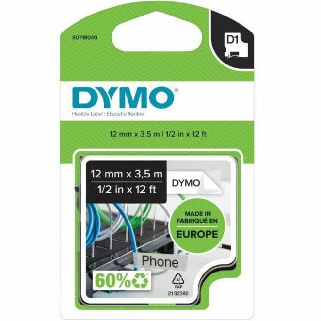 Dymo D1 Flexible Nylontape 12mm - x 15/32" Width - Tape - Permanent Adhesive - Arched Rectangle - White - Nylon, Fabric 