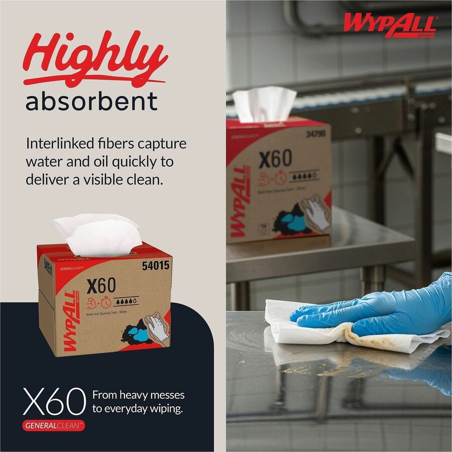 Wypall GeneralClean X60 Multi-Task Cleaning Cloths - Brag Box - 11.10" Width x 16.80" Length - White - Cloth/ - 236 / Ca