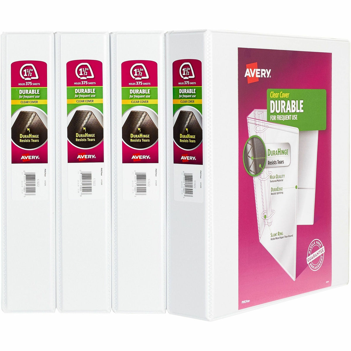 Avery® Durable View 3 Ring Binders, 1.5" Slant Rings, 4 White Binders (17576) - 1 1/2" Binder Capacity - Letter - 8 1/2"
