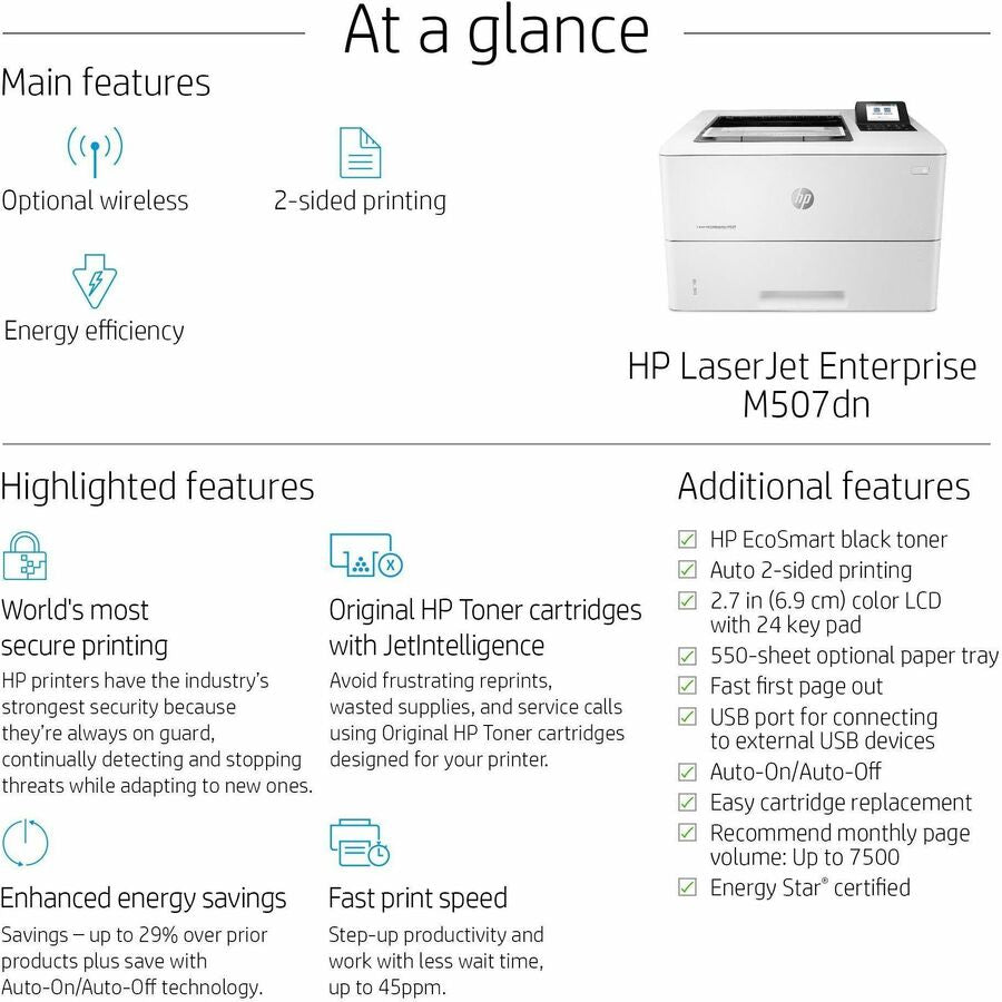 HP LaserJet Enterprise M507 M507dn Desktop Laser Printer - Monochrome - 45 ppm Mono - 1200 x 1200 dpi Print - Automatic 