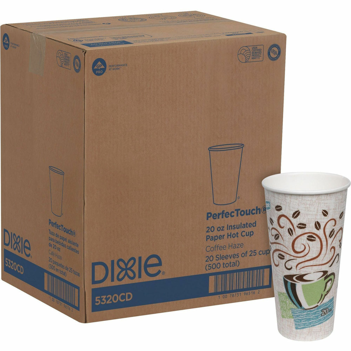 Dixie PerfecTouch 20 oz Insulated Paper Hot Coffee Cups by GP Pro - Coffee Haze - 20 fl oz - White, Green, Brown - Paper