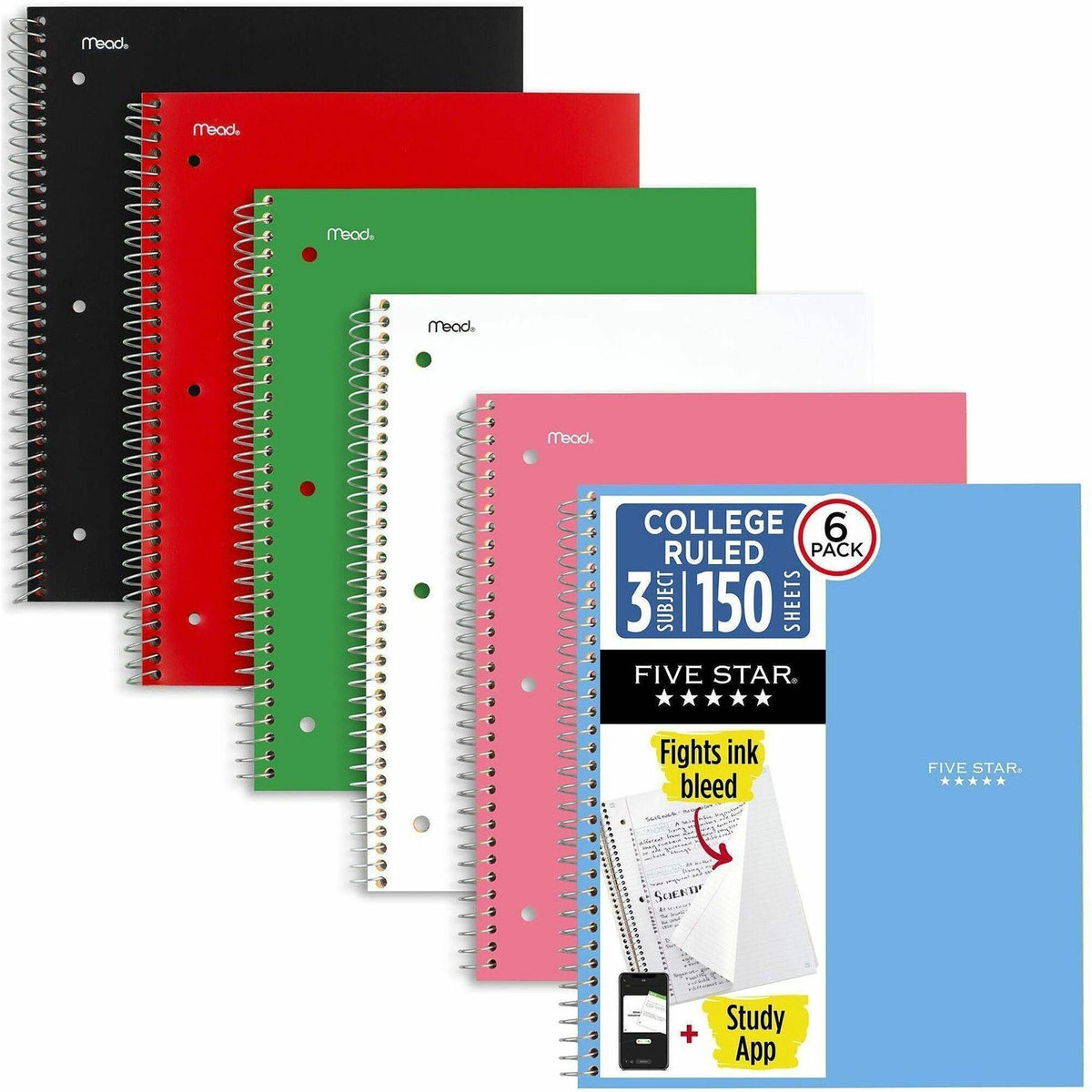 Mead Five Star Subject Spiral Notebook - 3 Subject(s) - 150 Sheets - 300 Pages - Wire Bound - 3 Hole(s) - 11" x 8 1/2" S