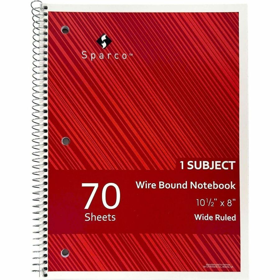 Sparco Wide Ruled Wire-bound Notebook - Wire Bound - 3 Hole(s) - 0.25" Height x 8" Width x 10.5" Length - 703 / Pack