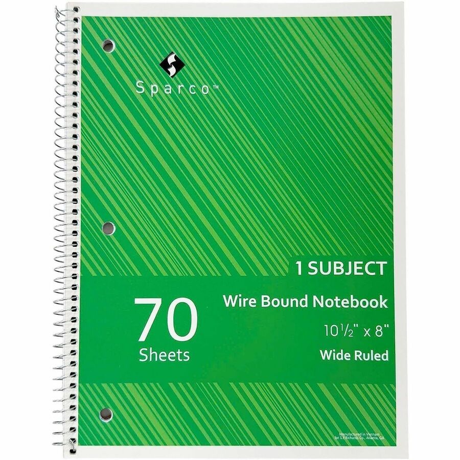 Sparco Wide Ruled Wire-bound Notebook - Wire Bound - 3 Hole(s) - 0.25" Height x 8" Width x 10.5" Length - 703 / Pack