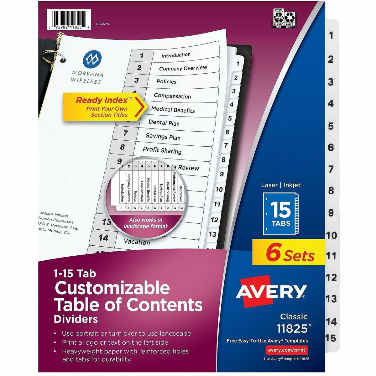 Avery Dividers, 15 Tabs, Ready Index (6 Sets of 11825) - 90 x Divider(s) - 90 Tab(s) - Digit - 1-15, Table of Contents -