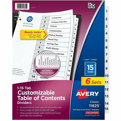 Avery Dividers, 15 Tabs, Ready Index (6 Sets of 11825) - 90 x Divider(s) - 90 Tab(s) - Digit - 1-15, Table of Contents -