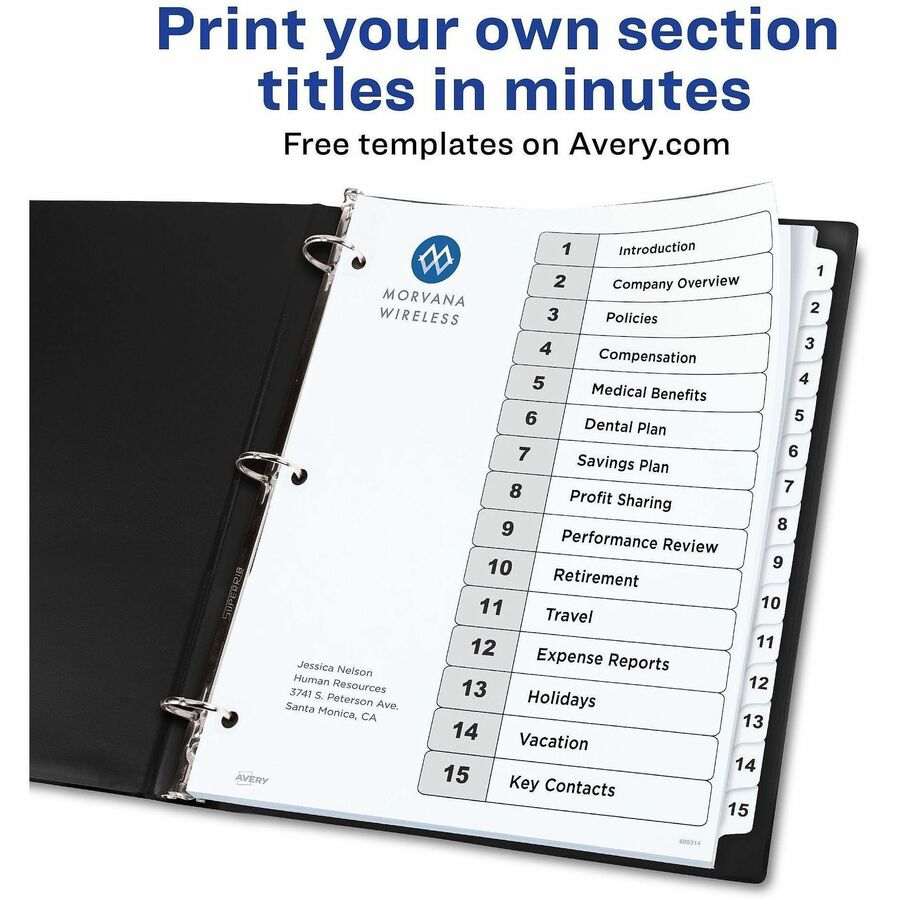 Avery Dividers, 15 Tabs, Ready Index (6 Sets of 11825) - 90 x Divider(s) - 90 Tab(s) - Digit - 1-15, Table of Contents -