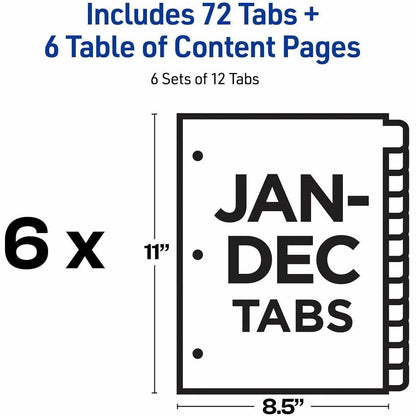 Avery Jan-Dec Dividers, 12 Tabs, Ready Index (6 Sets of 11826) - 72 x Divider(s) - 72 Tab(s) - Month - Jan-Dec, Table of