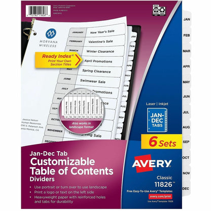 Avery Jan-Dec Dividers, 12 Tabs, Ready Index (6 Sets of 11826) - 72 x Divider(s) - 72 Tab(s) - Month - Jan-Dec, Table of