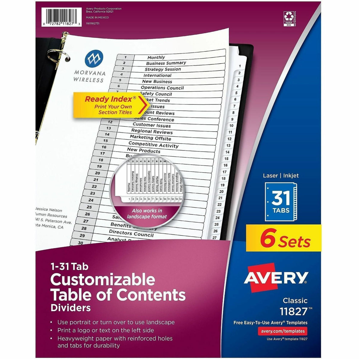 Avery 1-31 Dividers, 31 Tabs, Ready Index (6 Sets of 11827) - 186 x Divider(s) - 186 Tab(s) - Digit - 1-31, Table of Con